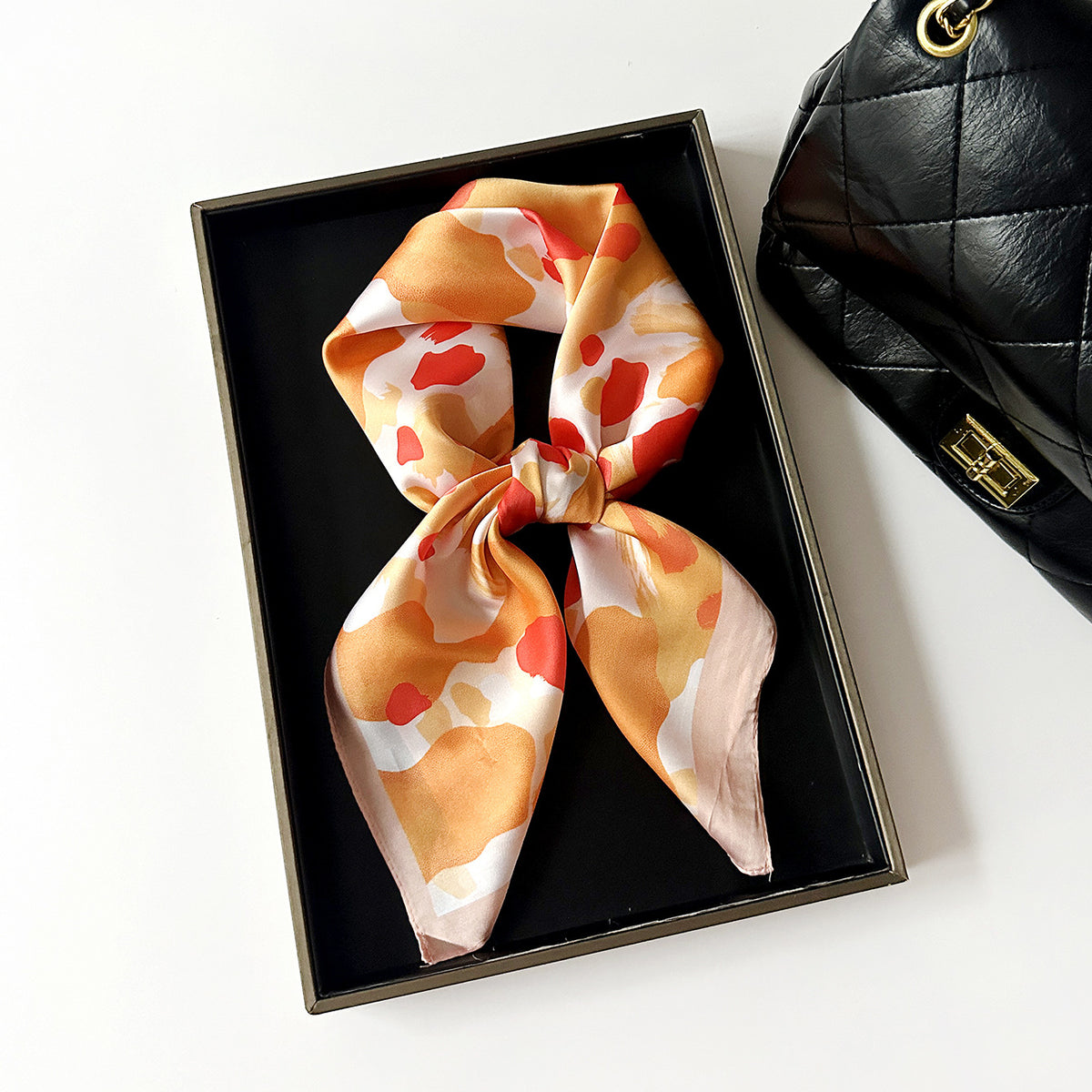Silky Square Bandana Scarf With Painterly Spot Print - Orange