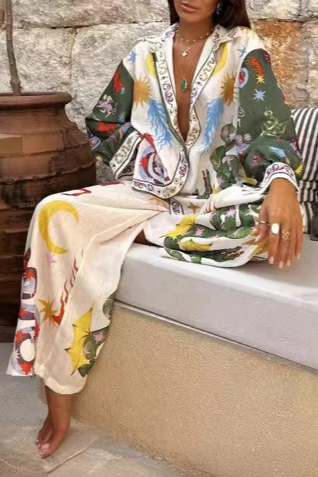 Folk Print Linen Shirt And Pant Set - Green