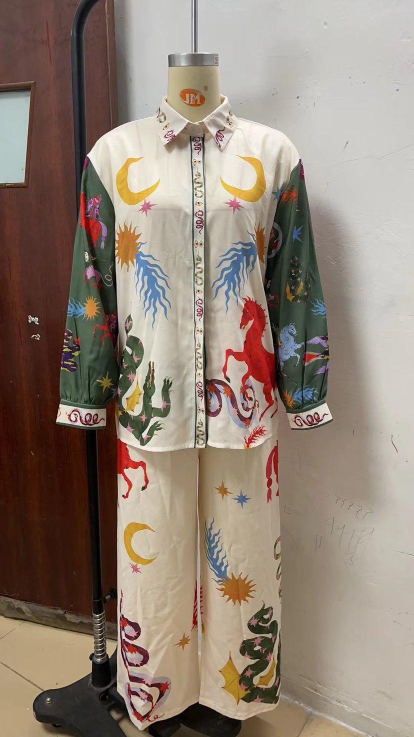 Folk Print Linen Shirt And Pant Set - Green - 1