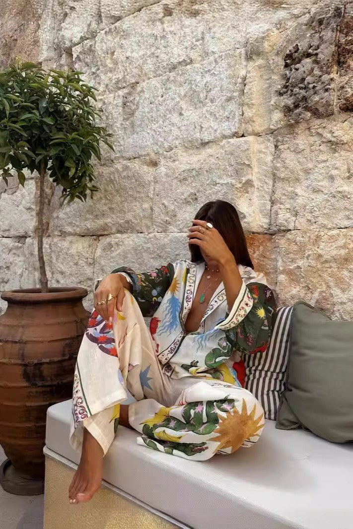 Folk Print Linen Shirt And Pant Set - Green - 2