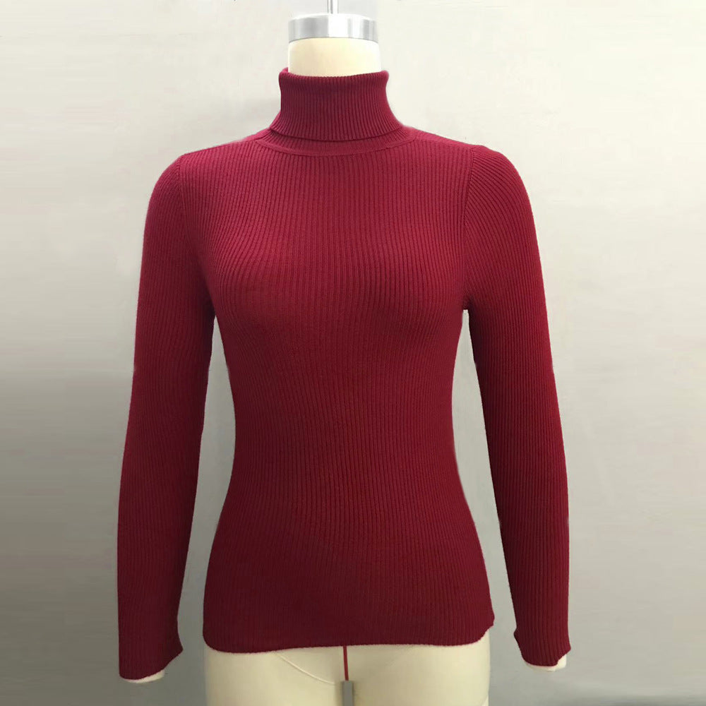 Stretch Roll Neck Fitted Long Sleeve Top - Wine_red