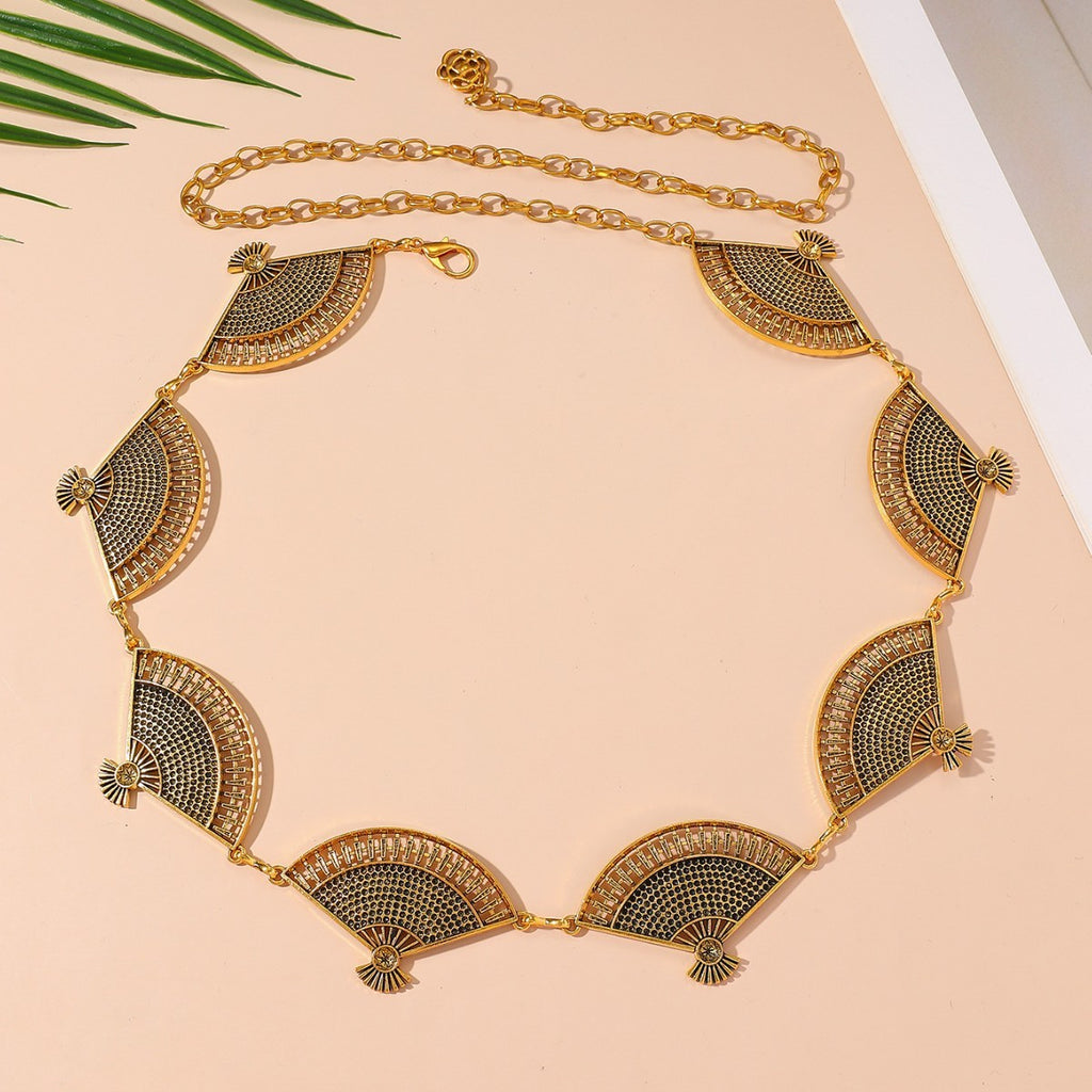 Etched Fan Medallion Boho Waist Chain Belt - Gold - 4