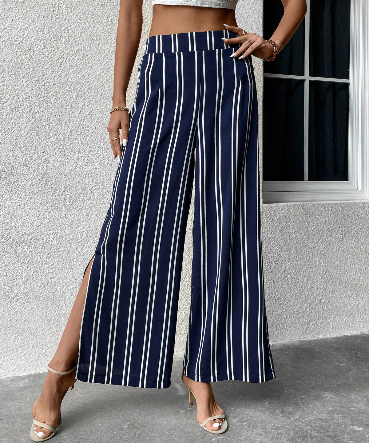 Vertical Stripe Split Hem Wide Leg Trousers