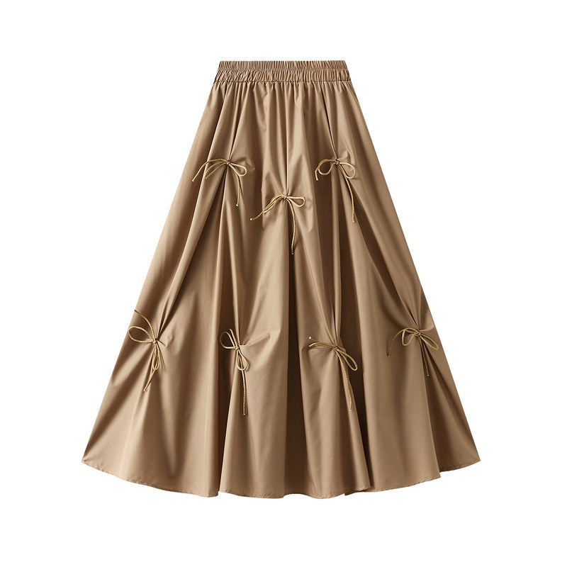 Bow Detail Pleated A Line Midi Skirt - Khaki