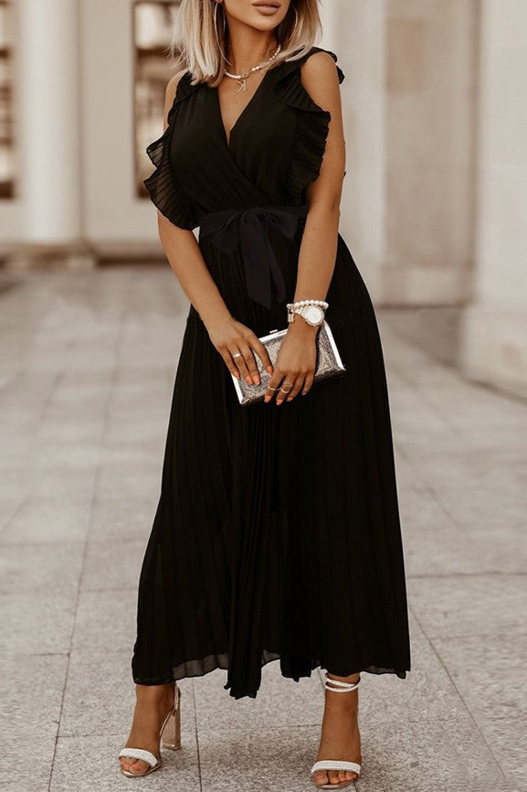 Pleated Ruffle Sleeve Tie Waist Maxi Dress - Black