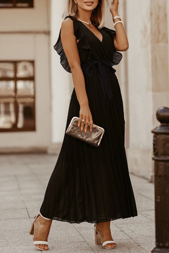 Pleated Ruffle Sleeve Tie Waist Maxi Dress - Black - 1