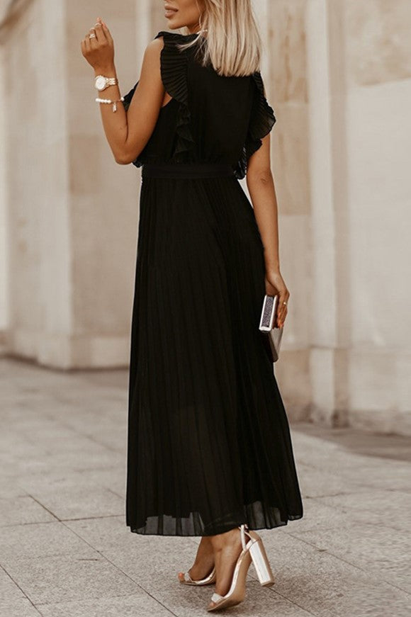 Pleated Ruffle Sleeve Tie Waist Maxi Dress - Black - 2