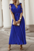 Pleated Ruffle Sleeve Tie Waist Maxi Dress - Blue