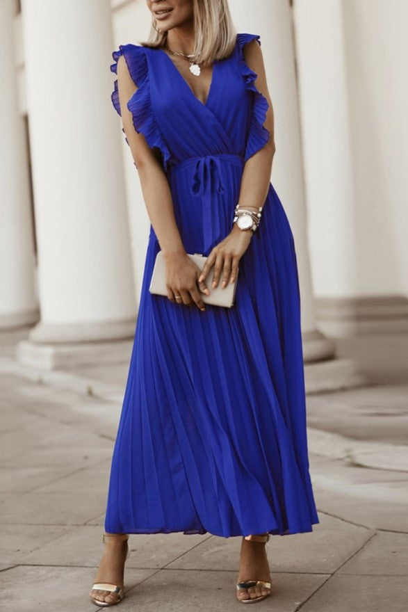 Pleated Ruffle Sleeve Tie Waist Maxi Dress - Blue