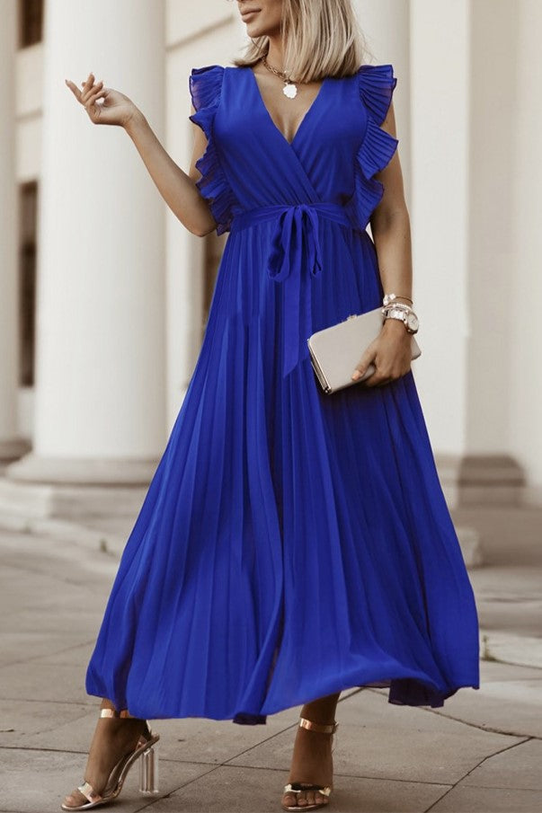 Pleated Ruffle Sleeve Tie Waist Maxi Dress - Blue - 1