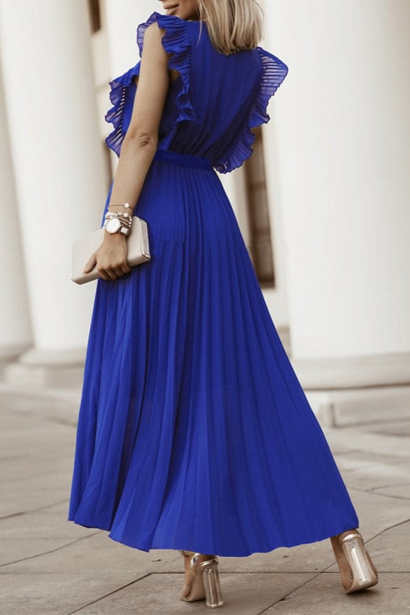 Pleated Ruffle Sleeve Tie Waist Maxi Dress - Blue - 2