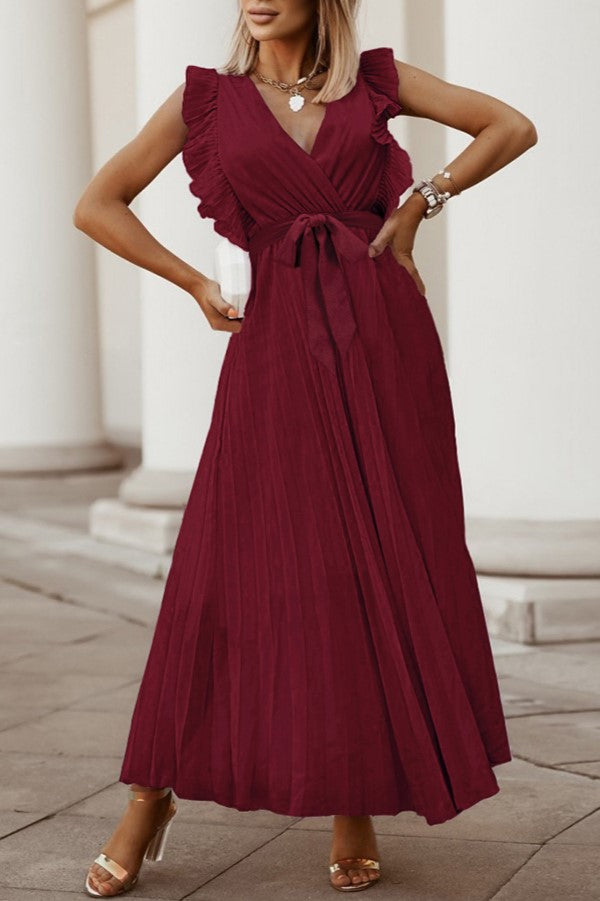 Pleated Ruffle Sleeve Tie Waist Maxi Dress - Burgundy