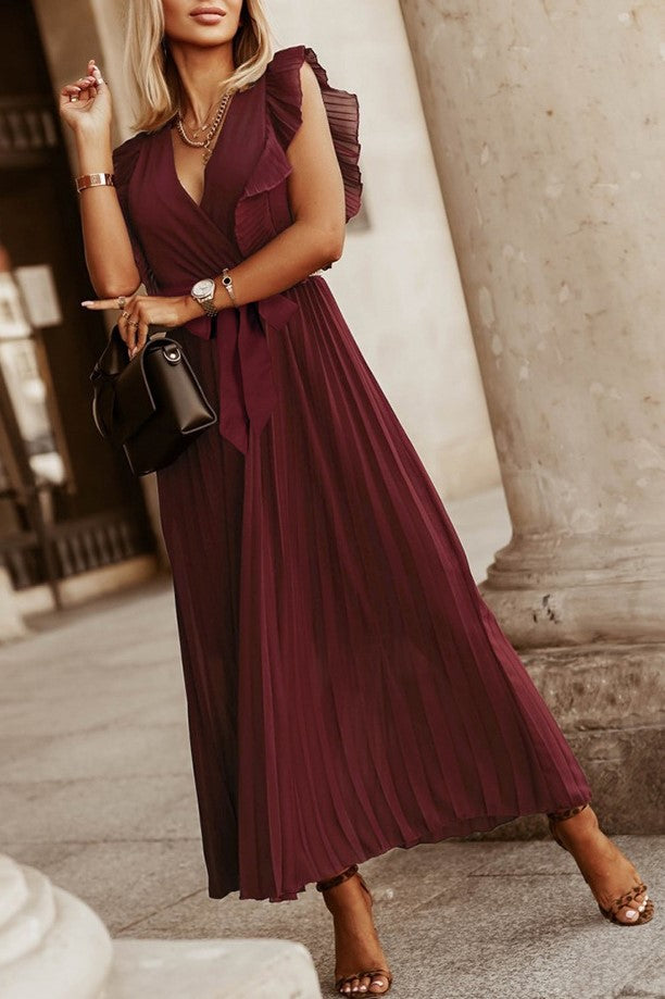 Pleated Ruffle Sleeve Tie Waist Maxi Dress - Burgundy - 1