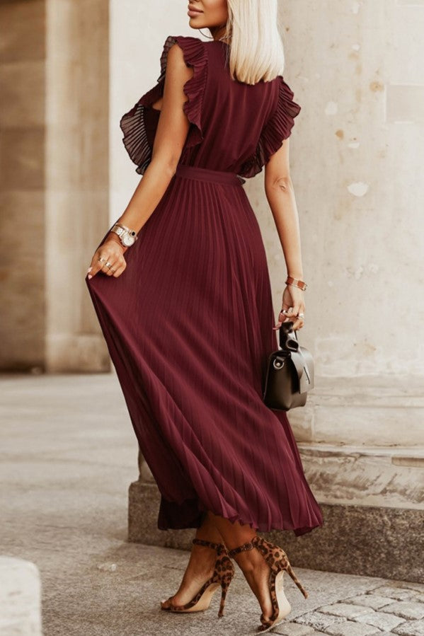 Pleated Ruffle Sleeve Tie Waist Maxi Dress - Burgundy - 2