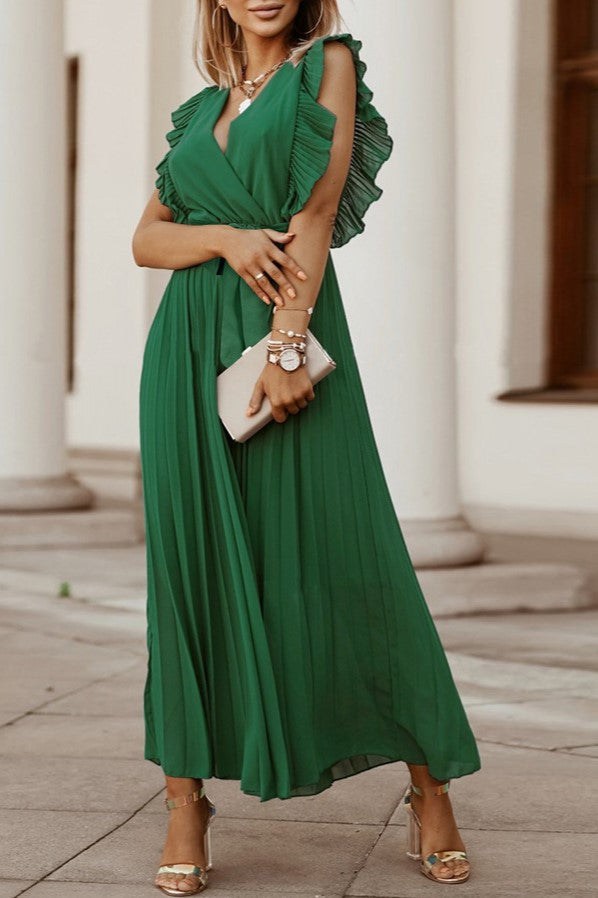 Pleated Ruffle Sleeve Tie Waist Maxi Dress - Green - 1