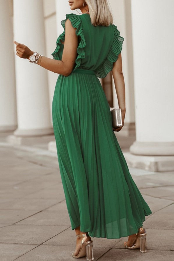 Pleated Ruffle Sleeve Tie Waist Maxi Dress - Green - 2