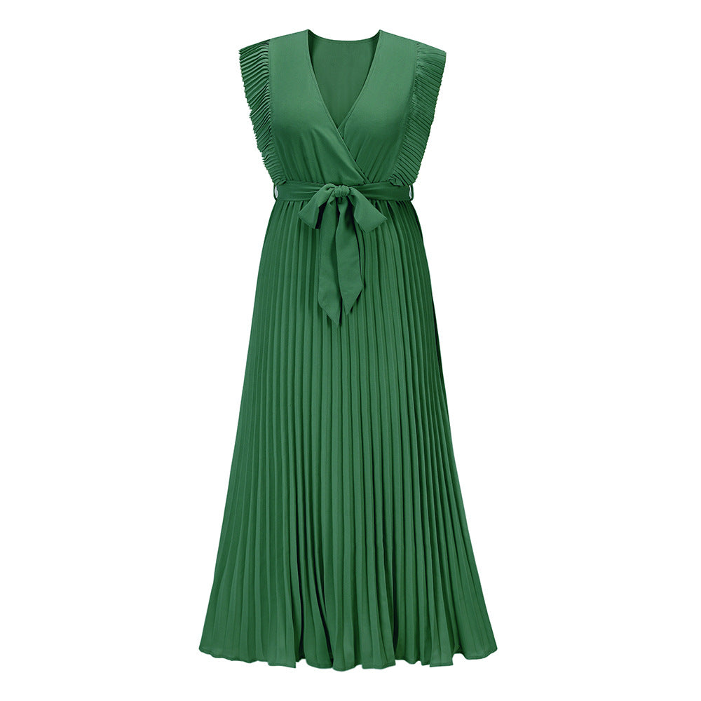 Pleated Ruffle Sleeve Tie Waist Maxi Dress - Green - 3