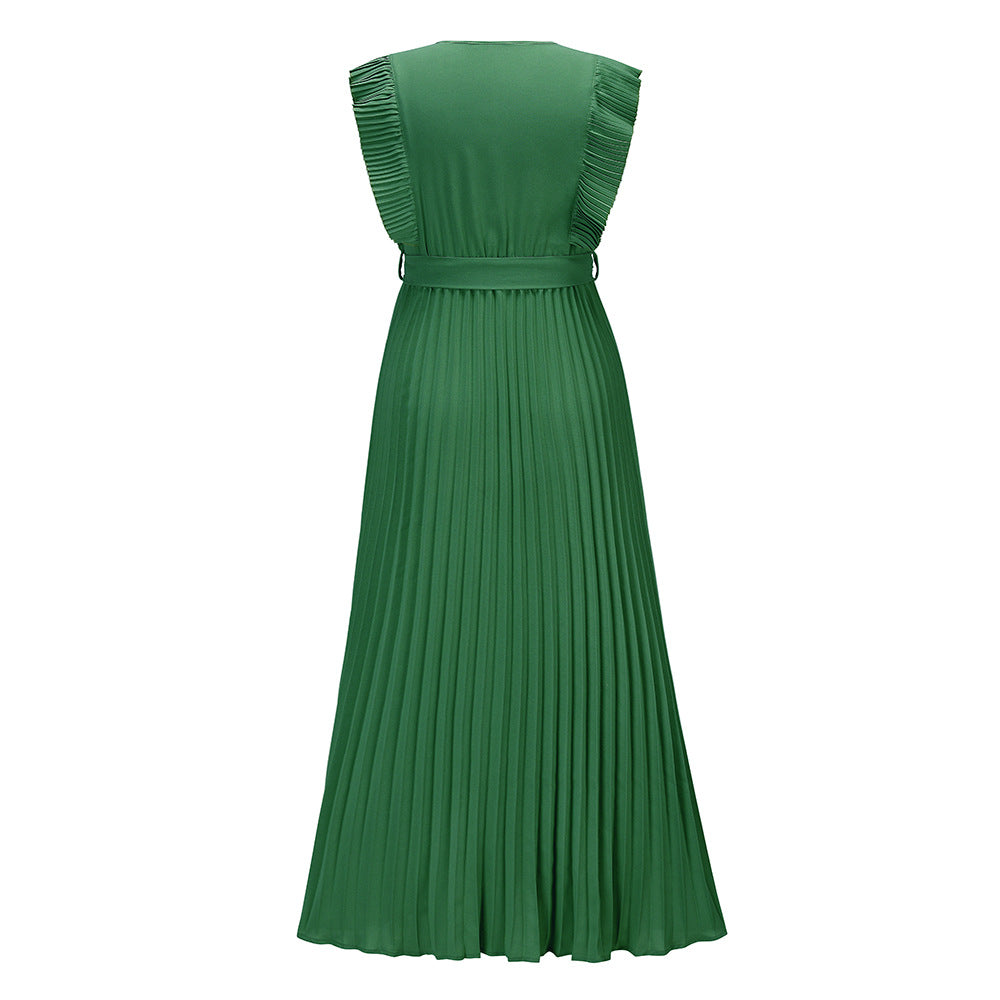 Pleated Ruffle Sleeve Tie Waist Maxi Dress - Green - 4