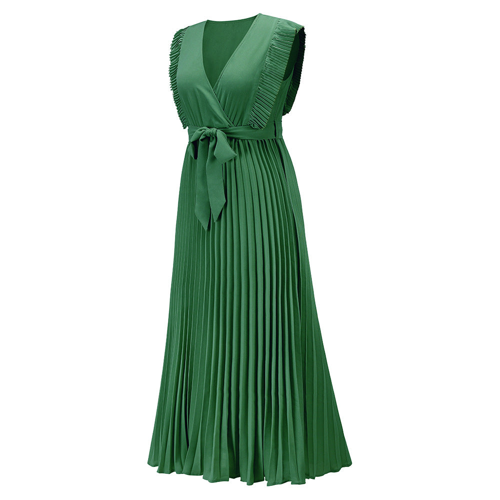 Pleated Ruffle Sleeve Tie Waist Maxi Dress - Green - 5