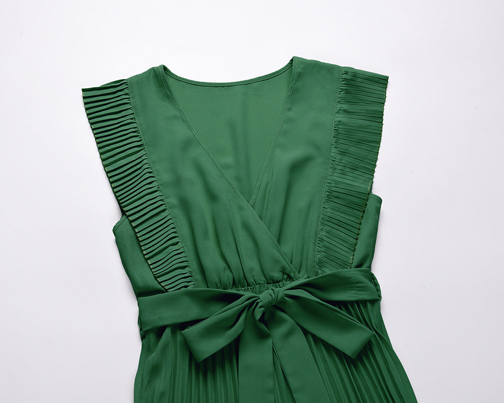 Pleated Ruffle Sleeve Tie Waist Maxi Dress - Green - 6