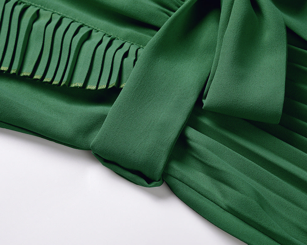 Pleated Ruffle Sleeve Tie Waist Maxi Dress - Green - 7
