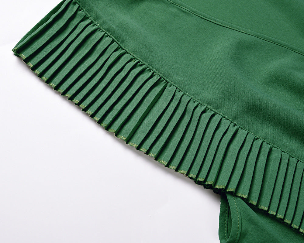 Pleated Ruffle Sleeve Tie Waist Maxi Dress - Green - 8
