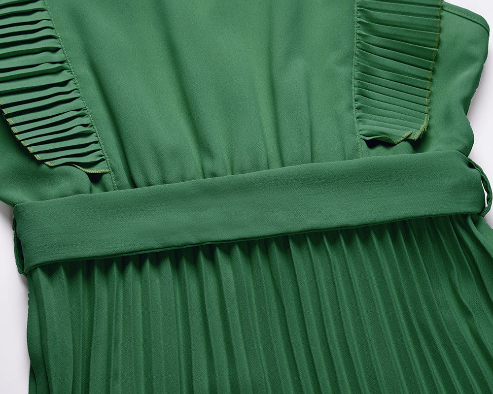 Pleated Ruffle Sleeve Tie Waist Maxi Dress - Green - 9