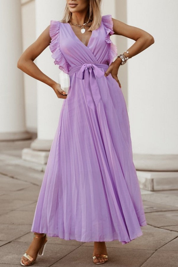 Pleated Ruffle Sleeve Tie Waist Maxi Dress - Purple
