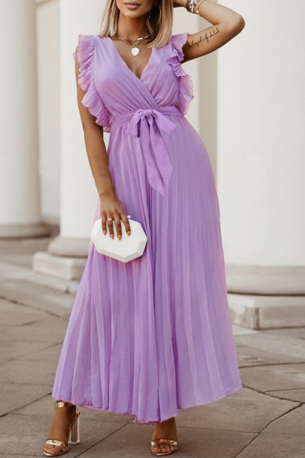 Pleated Ruffle Sleeve Tie Waist Maxi Dress - Purple - 1