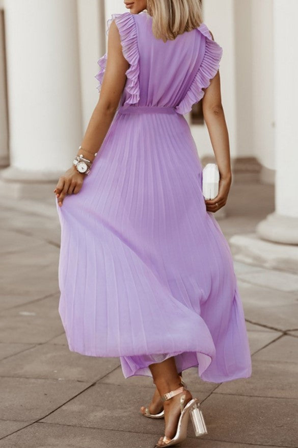 Pleated Ruffle Sleeve Tie Waist Maxi Dress - Purple - 2