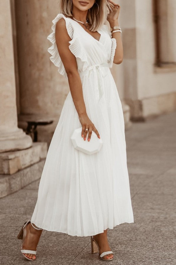 Pleated Ruffle Sleeve Tie Waist Maxi Dress - White