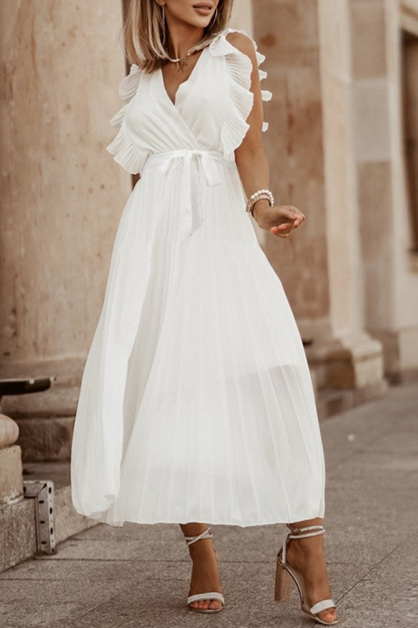 Pleated Ruffle Sleeve Tie Waist Maxi Dress - White - 1