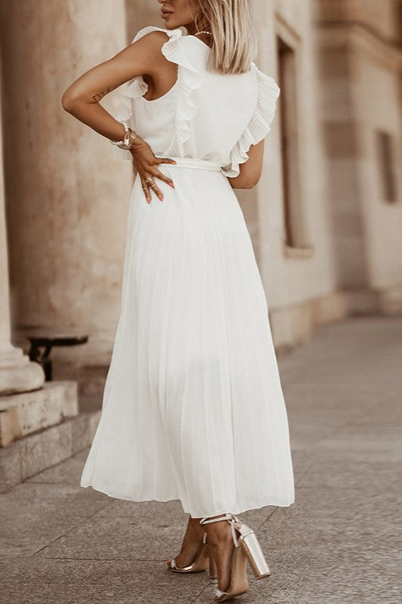 Pleated Ruffle Sleeve Tie Waist Maxi Dress - White - 2