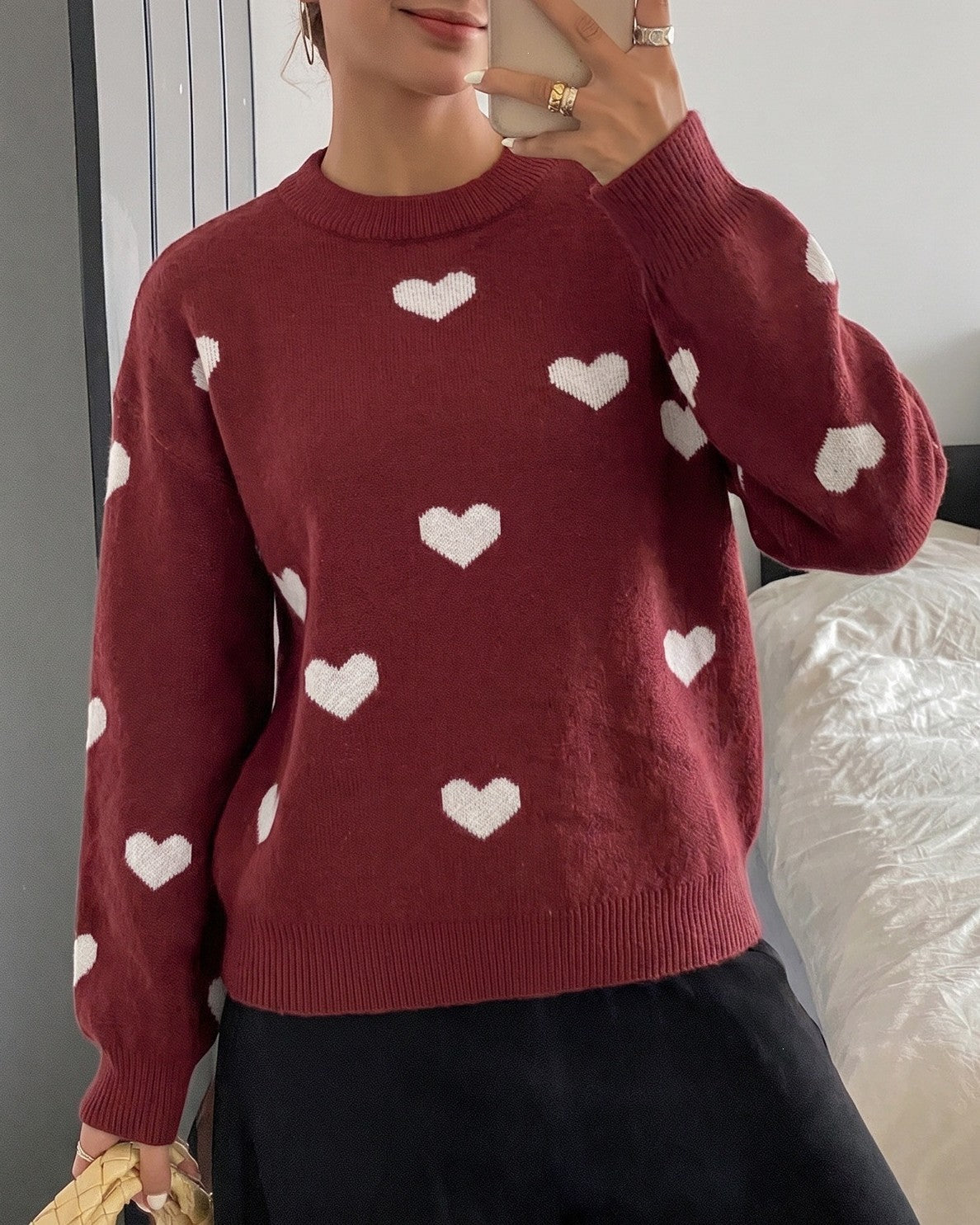 Scattered Hearts Knit Pullover Top in Red - Red