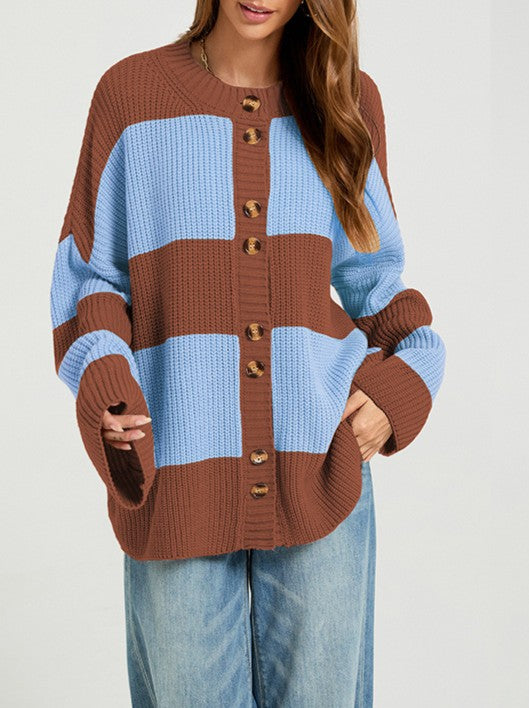 Oversized Colorblock Ribbed Knit Cardigan - Blue