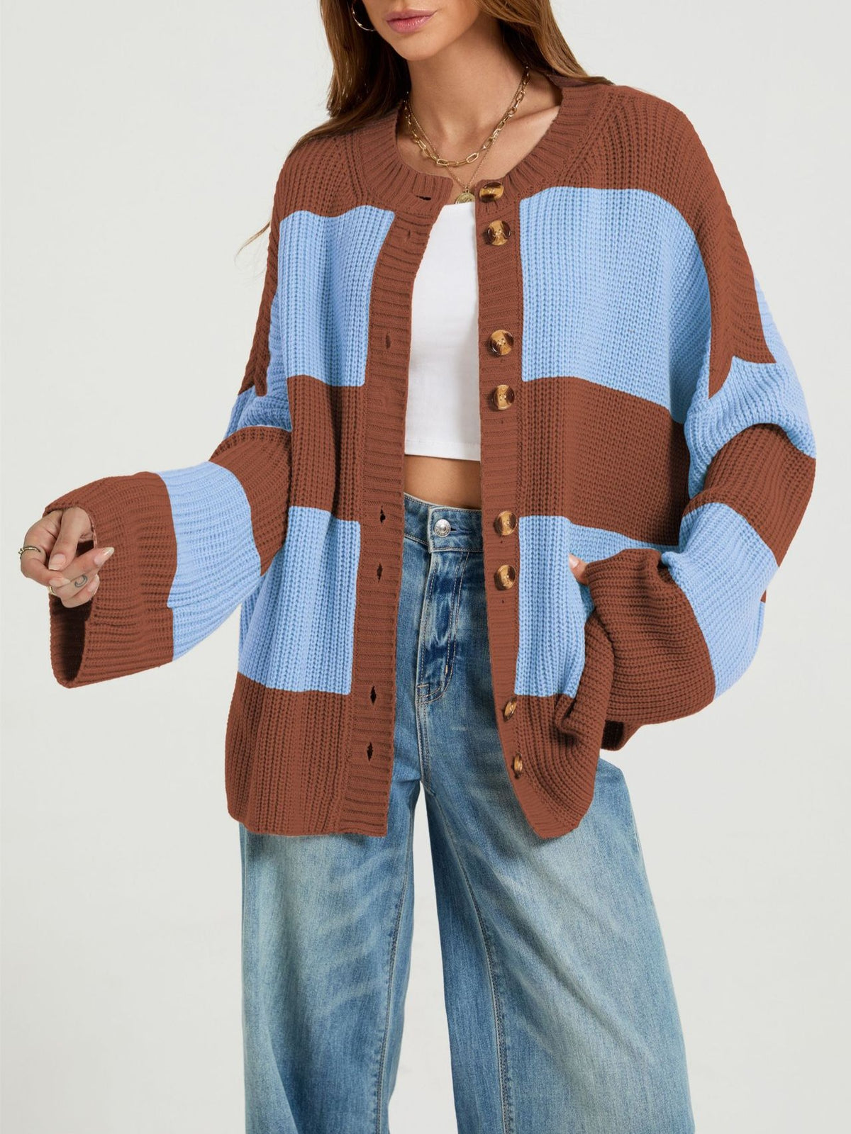 Oversized Colorblock Ribbed Knit Cardigan - Blue - 1