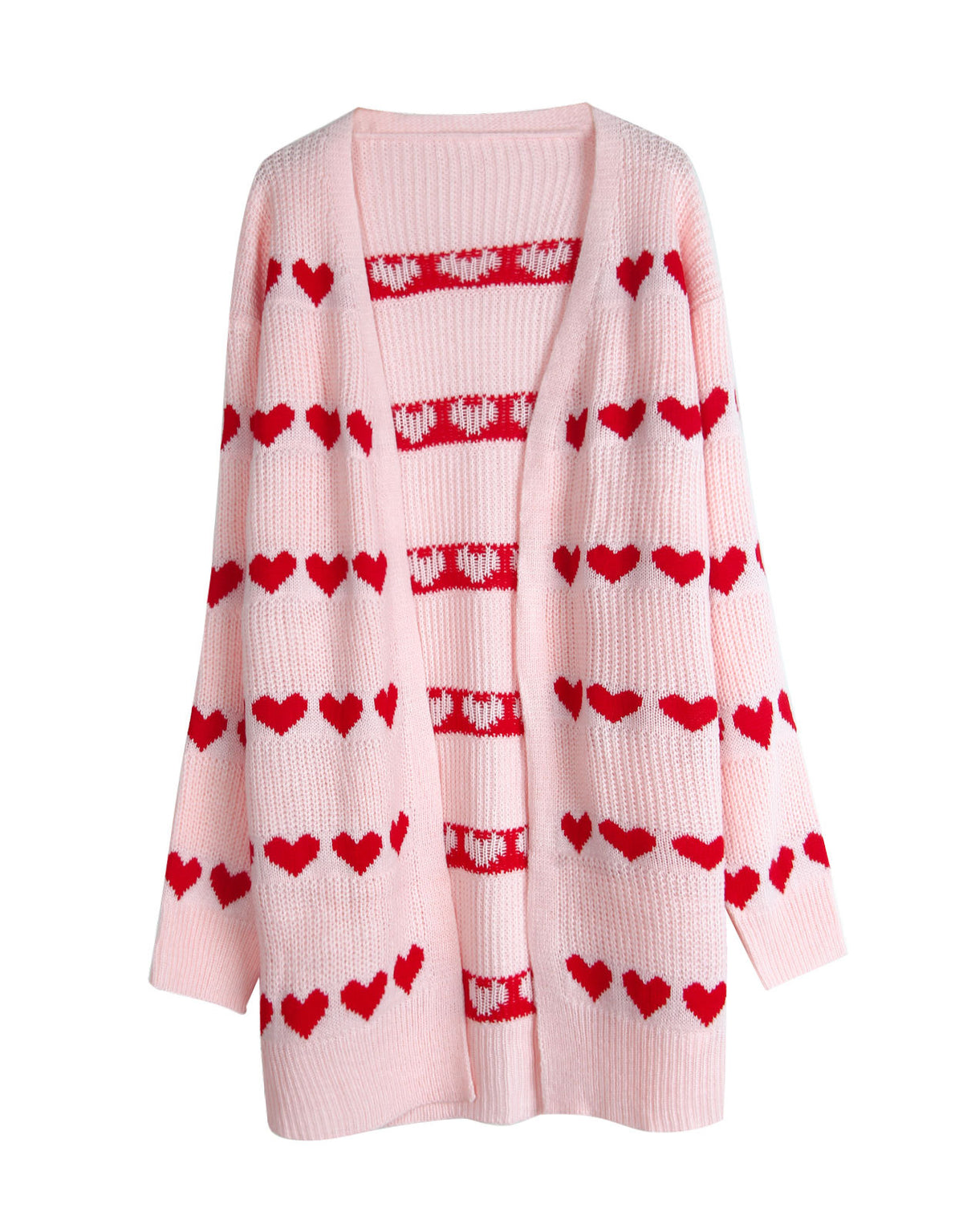 Heart Jacquard Open Front Longline Cardigan - Pink