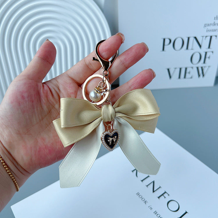 Two Tone Satin Bow Bag Charm Keychain - Khaki