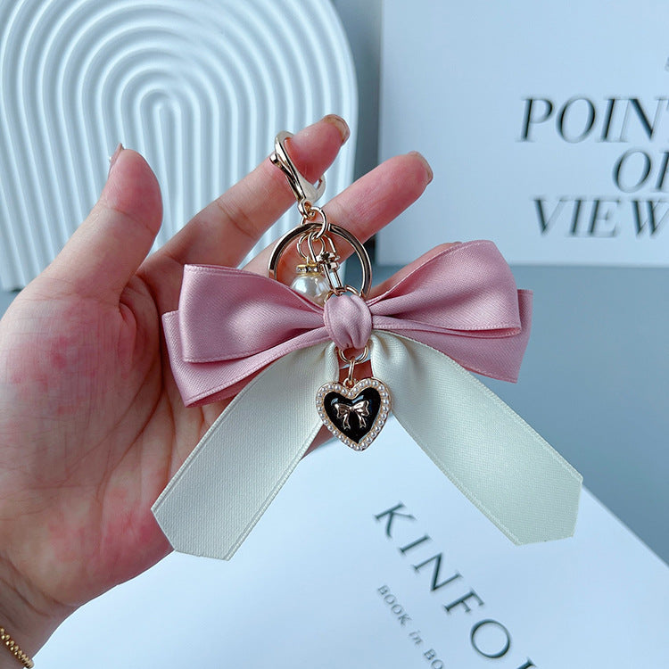 Two Tone Satin Bow Bag Charm Keychain - Pink
