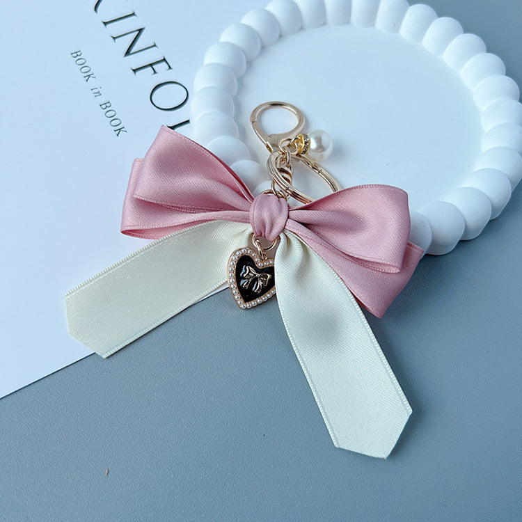 Two Tone Satin Bow Bag Charm Keychain - Pink - 1