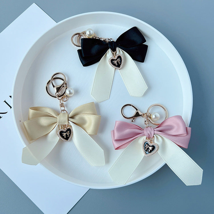 Two Tone Satin Bow Bag Charm Keychain - Pink - 2