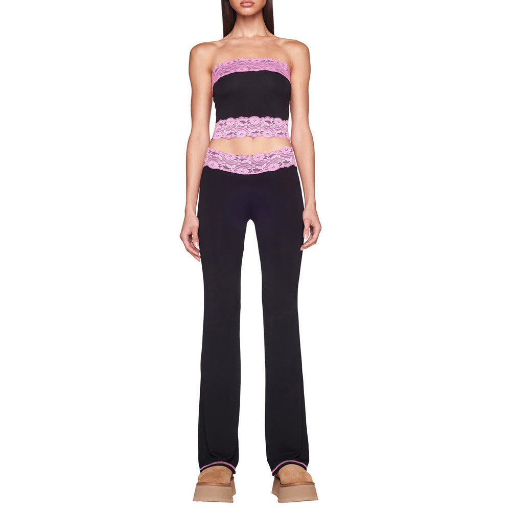 Lace Trim Bandeau And Flared Trouser Set - Pink