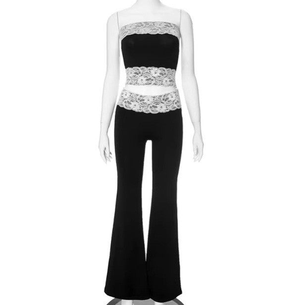 Lace Trim Bandeau And Flared Trouser Set - White