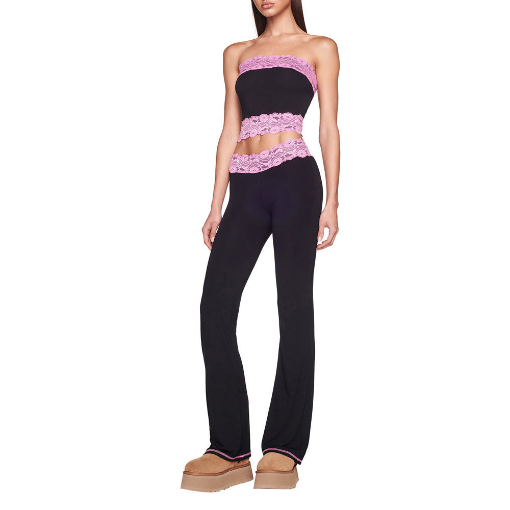 Lace Trim Bandeau And Flared Trouser Set