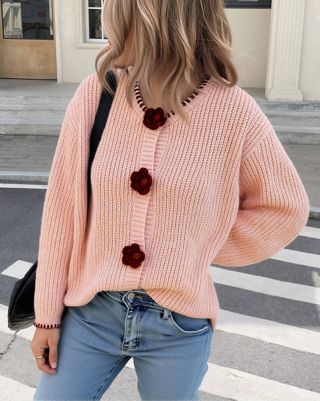 Crochet Flower Button Ribbed Knit Cardigan - Pink