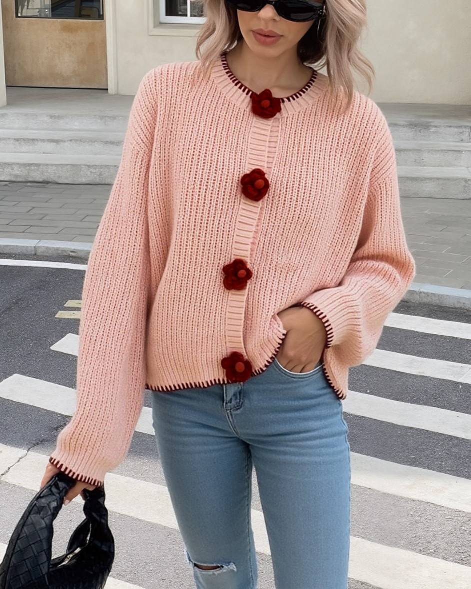 Crochet Flower Button Ribbed Knit Cardigan - Pink - 1