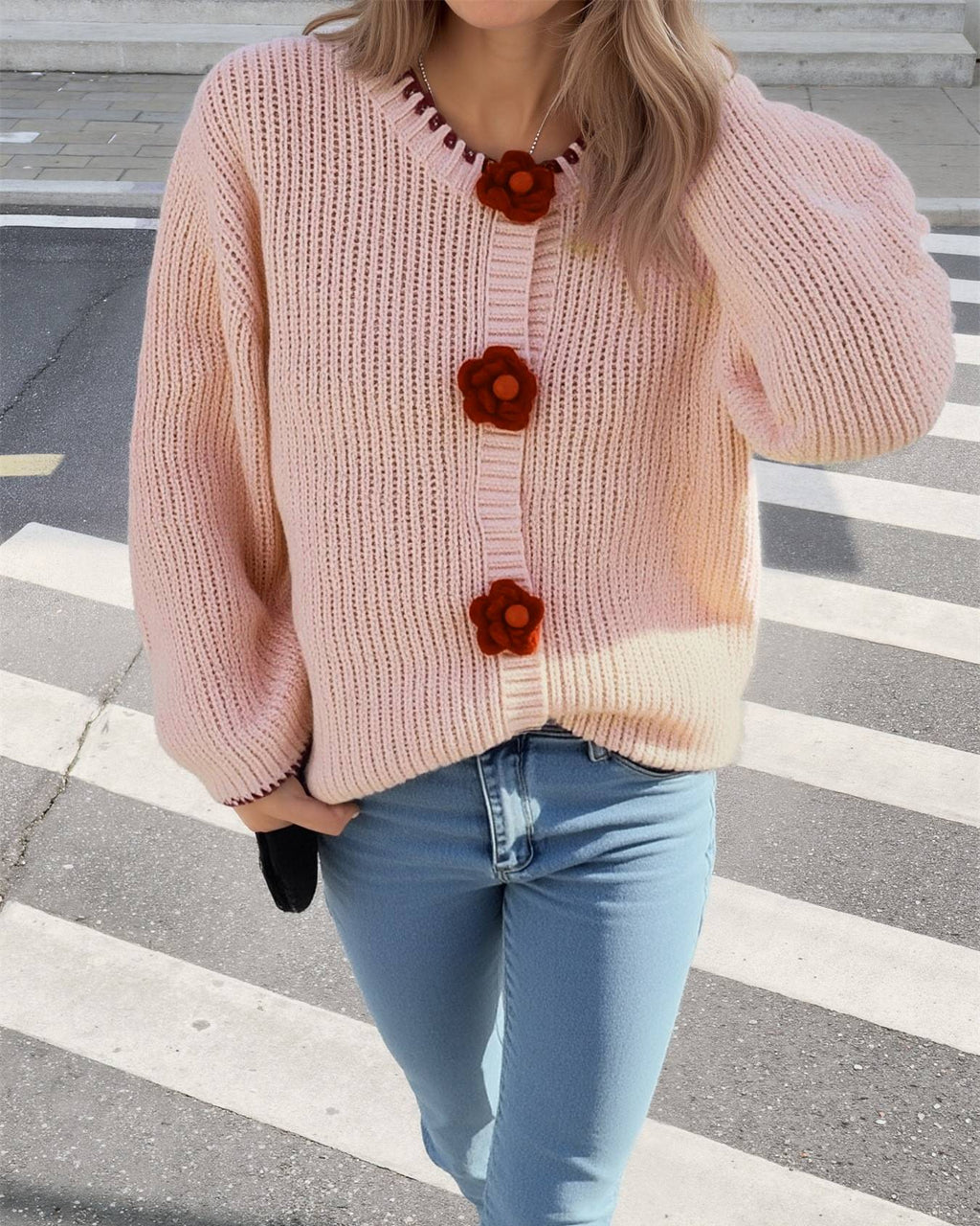 Crochet Flower Button Ribbed Knit Cardigan - Pink - 2