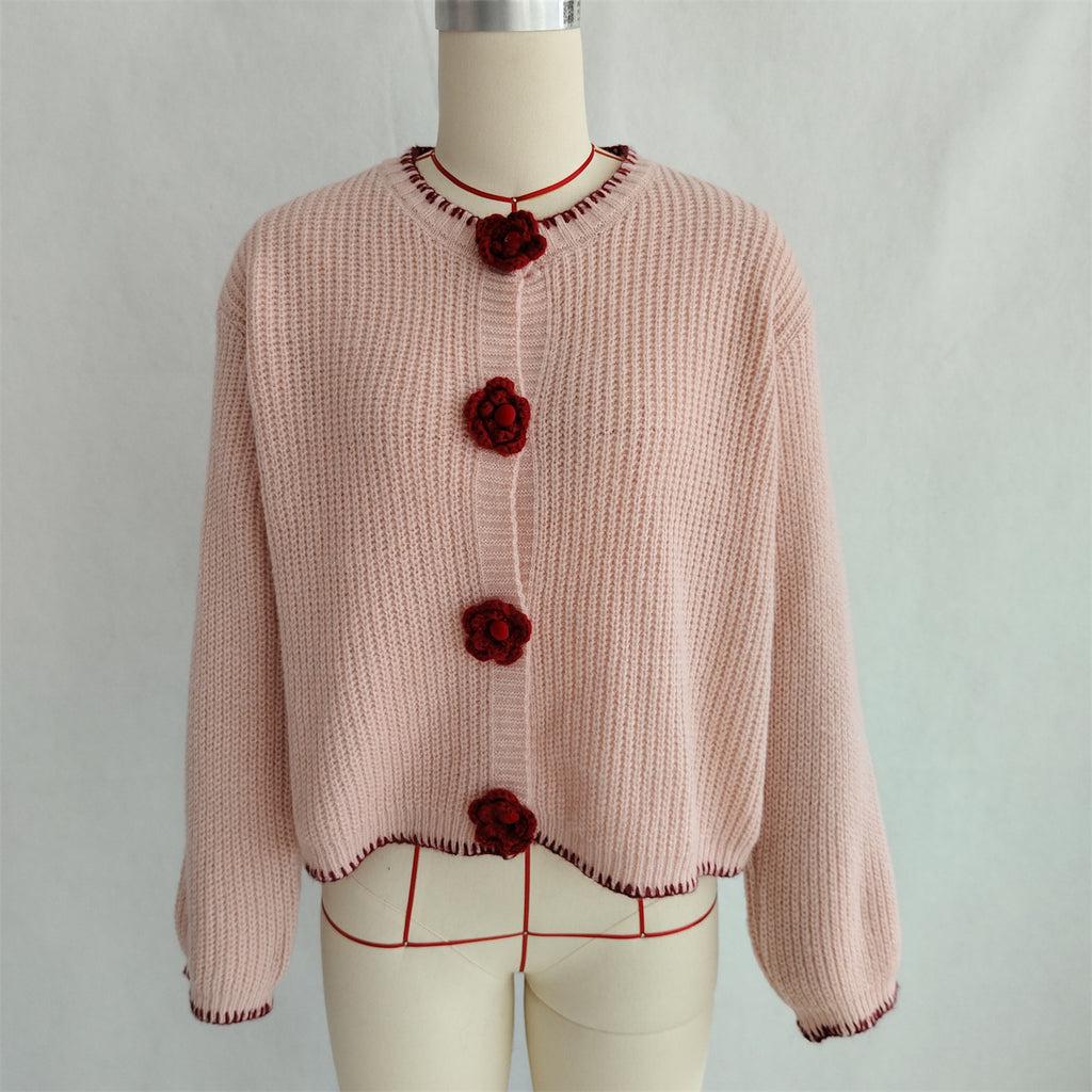 Crochet Flower Button Ribbed Knit Cardigan - Pink - 3