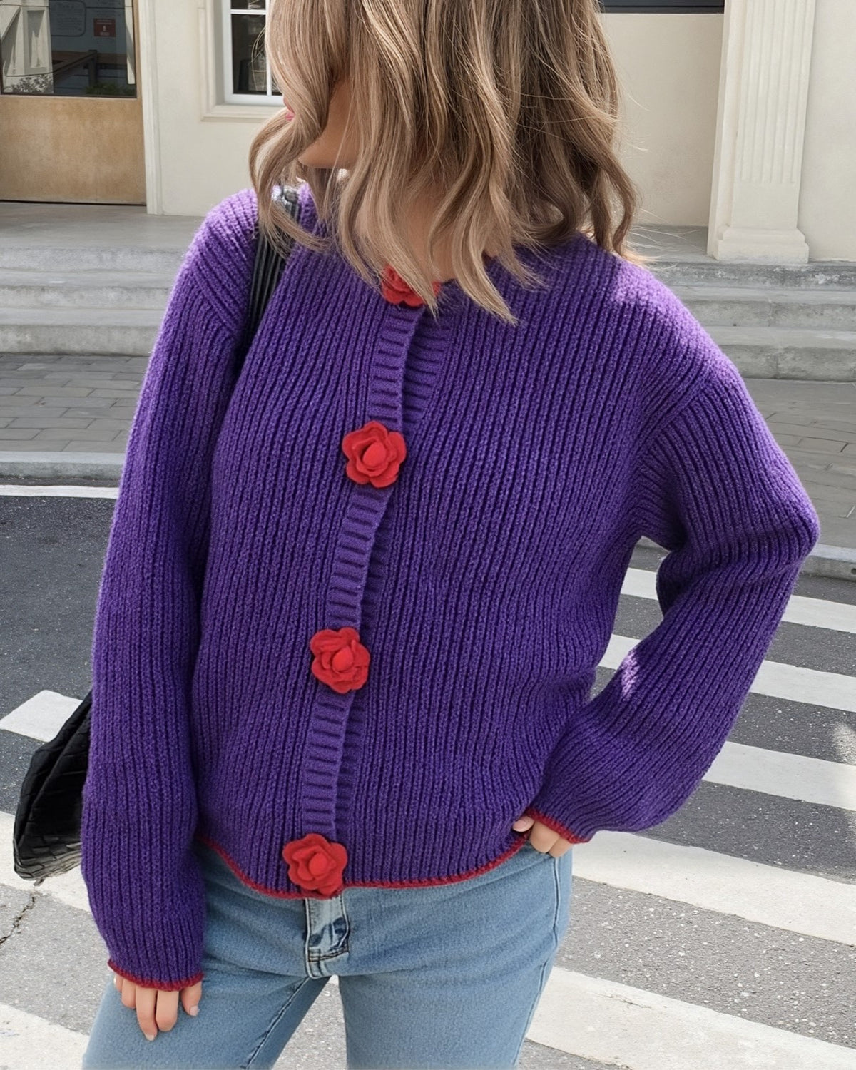 Crochet Flower Button Ribbed Knit Cardigan - Purple