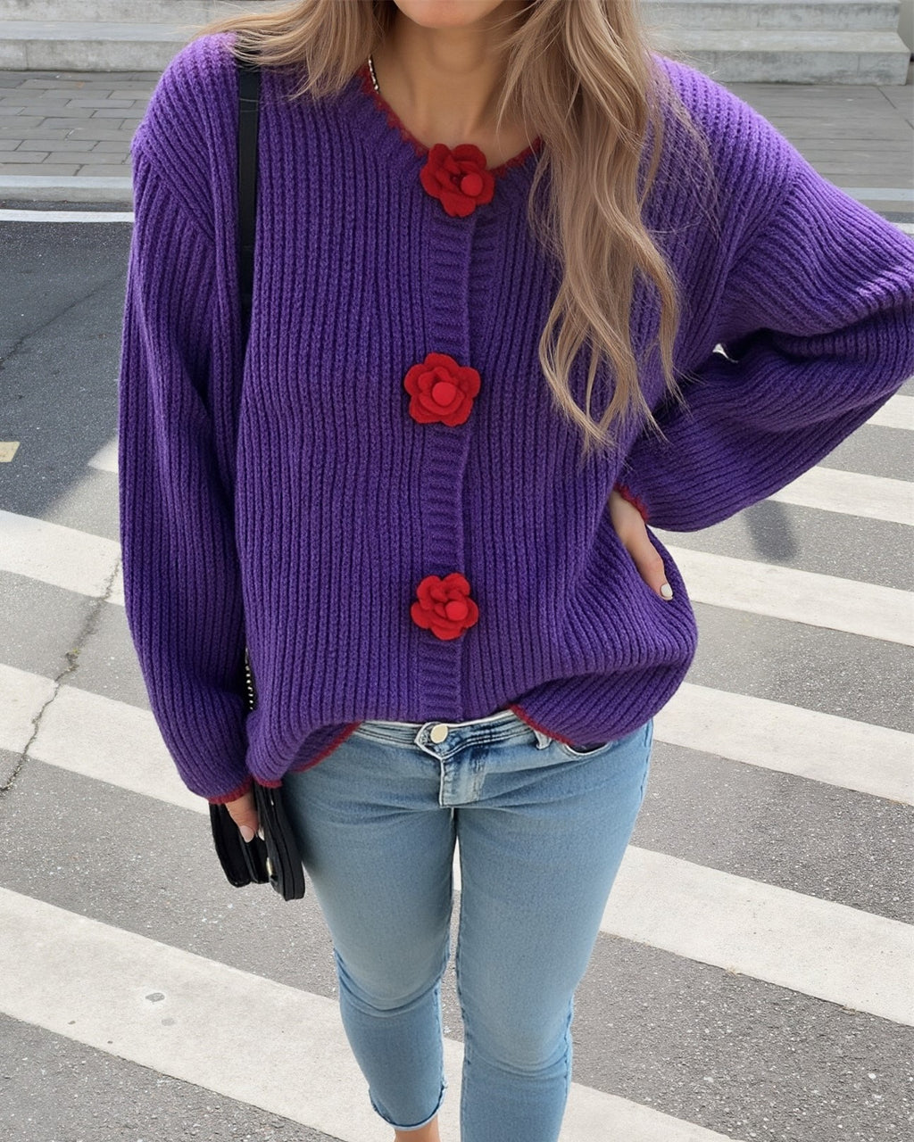 Crochet Flower Button Ribbed Knit Cardigan - Purple - 1
